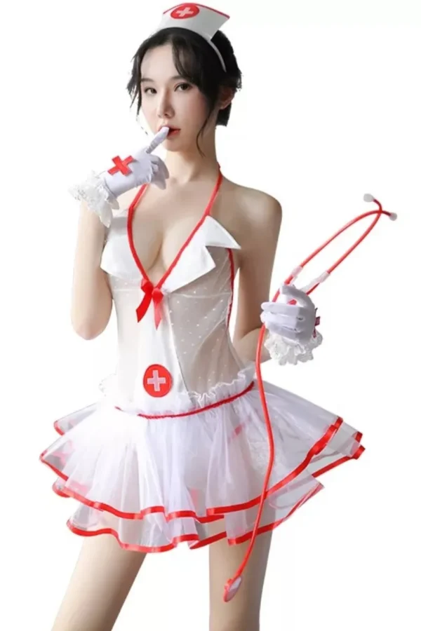 Sexy nurse costume available for wholesale, featuring a flared white skirt and red ribbon details.