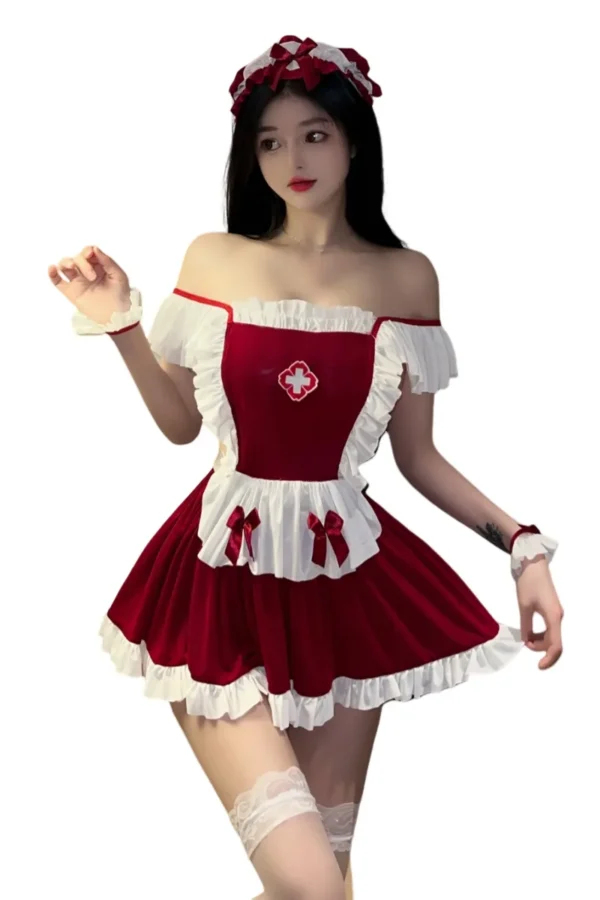 Wholesale sexy nurse costume with frilled white and red accent and lace-up.