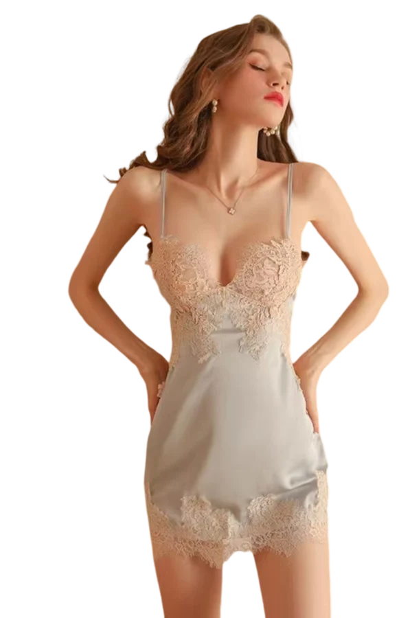 Silver custom lace top nightgown with lace embellishments.