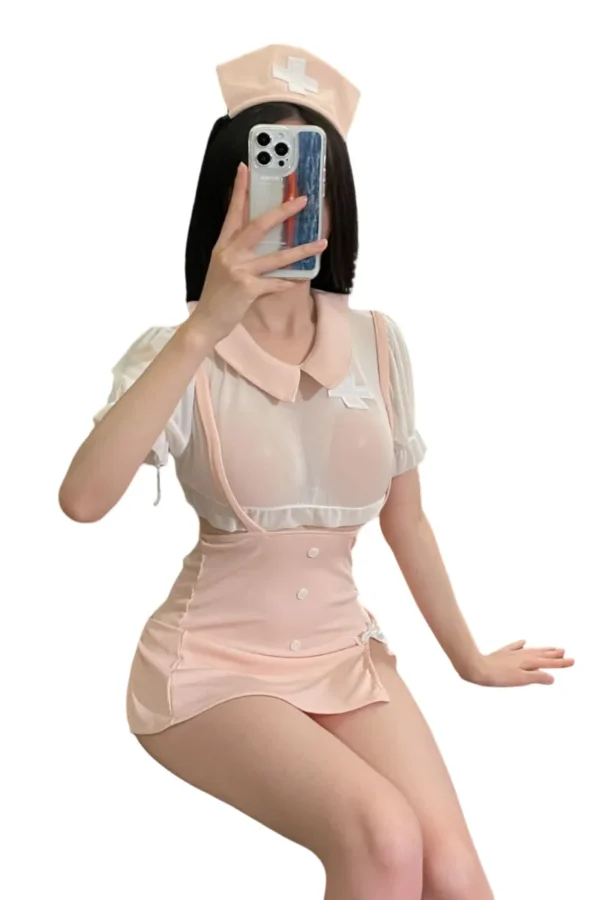 Private label women nurse outfit with a soft pink design and collared shirt.