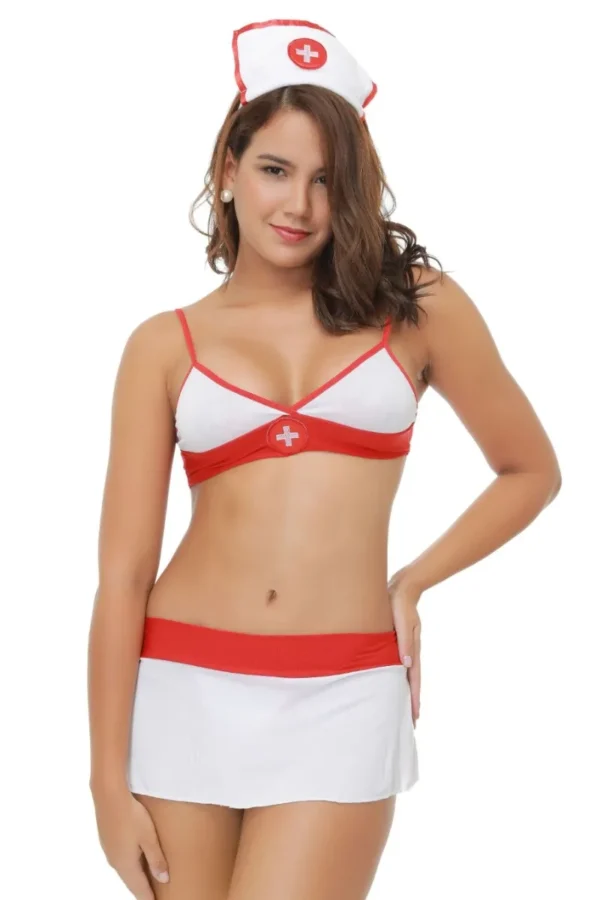 Wholesale nurse sexy costume full front look with red and white colors.