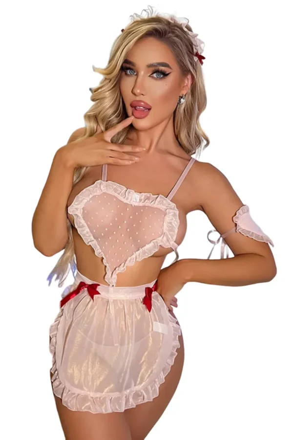 Woman modeling wholesale plus size sexy loungewear with sheer apron overlay and heart design, showcasing elegance.