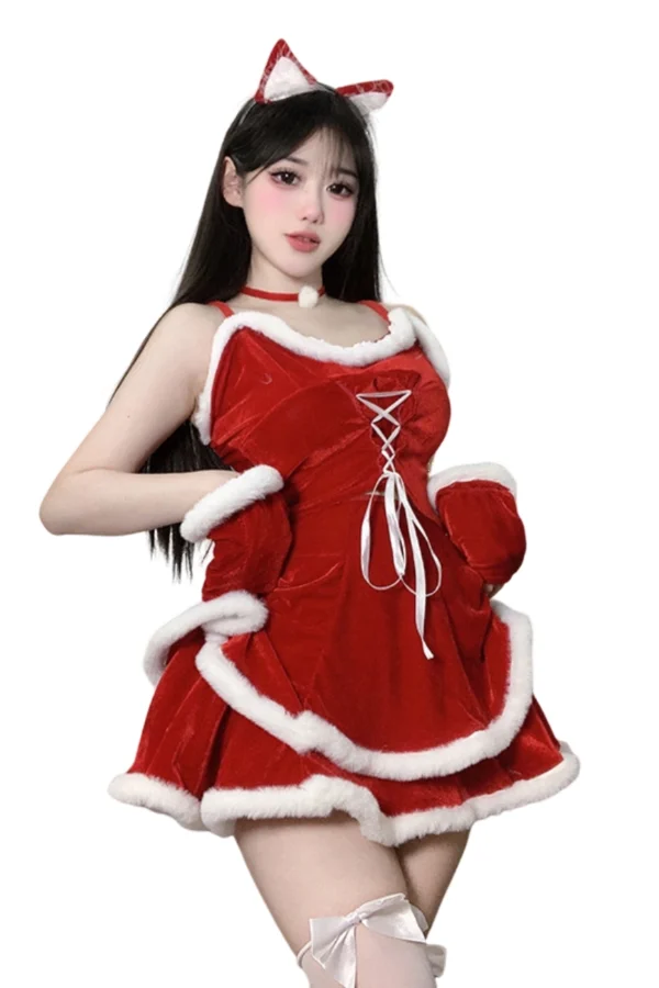 Festive b2b Christmas lingerie porn red costume with white fur trim and cat ears