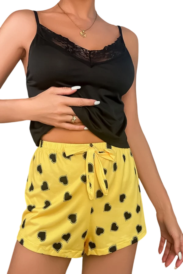 B2B lace nightgowns silk set with a black lace top and yellow heart-printed shorts.