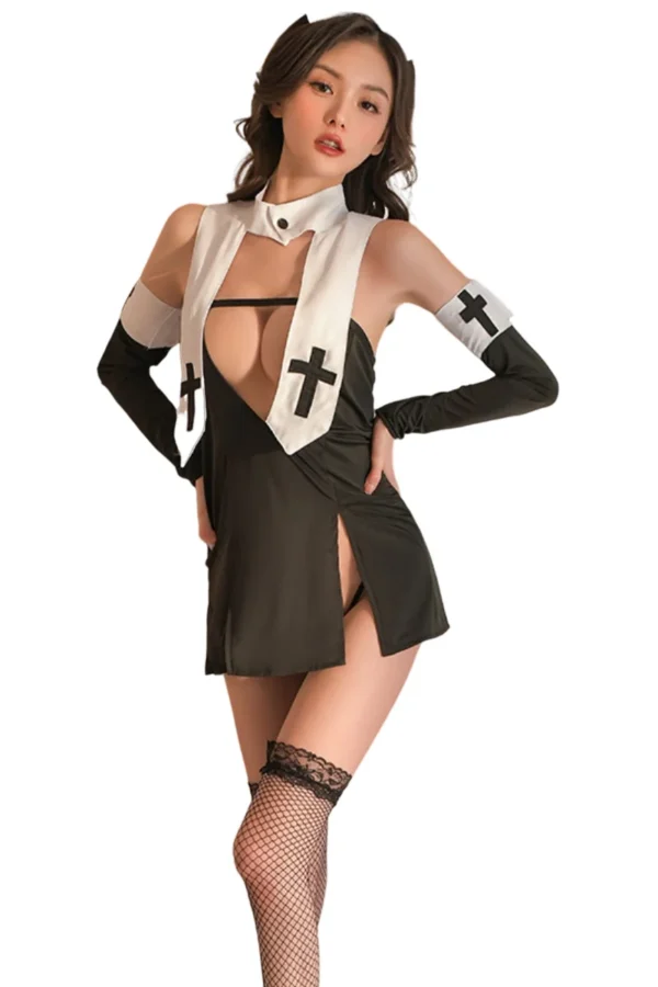 B2B naughty nurse costume with cross details and fishnet stockings