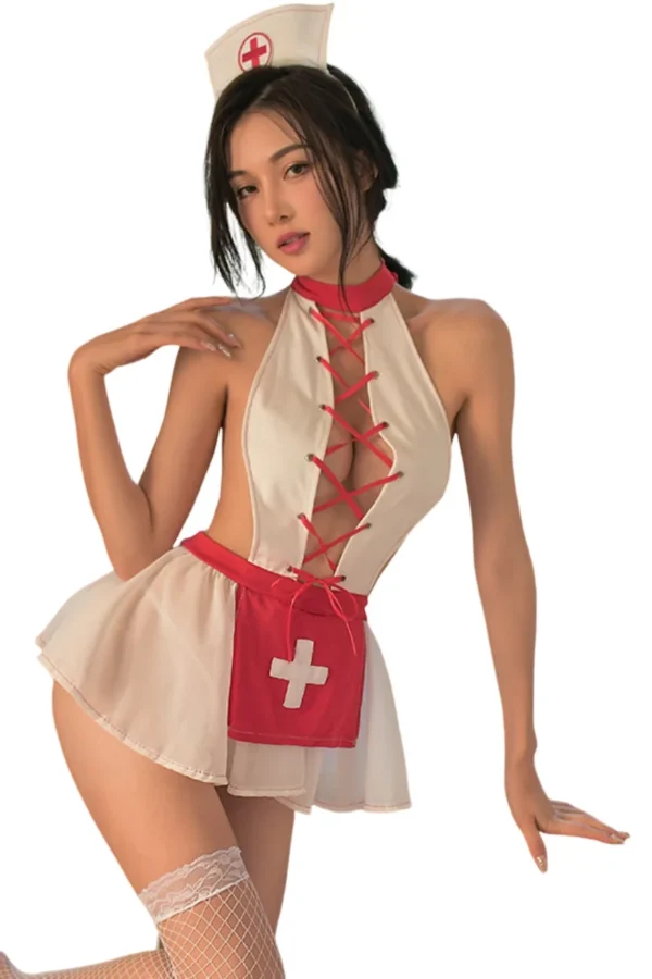 Halter-style B2B nurse costumes sexy outfit featuring red lace-up details and a cross emblem apron