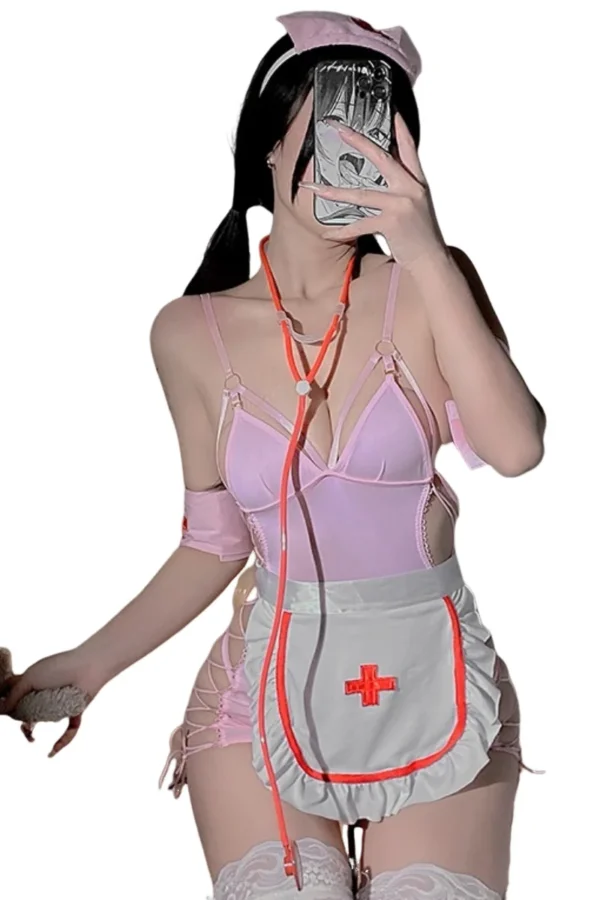 B2B pink nurse costume on white background with nurse accessories