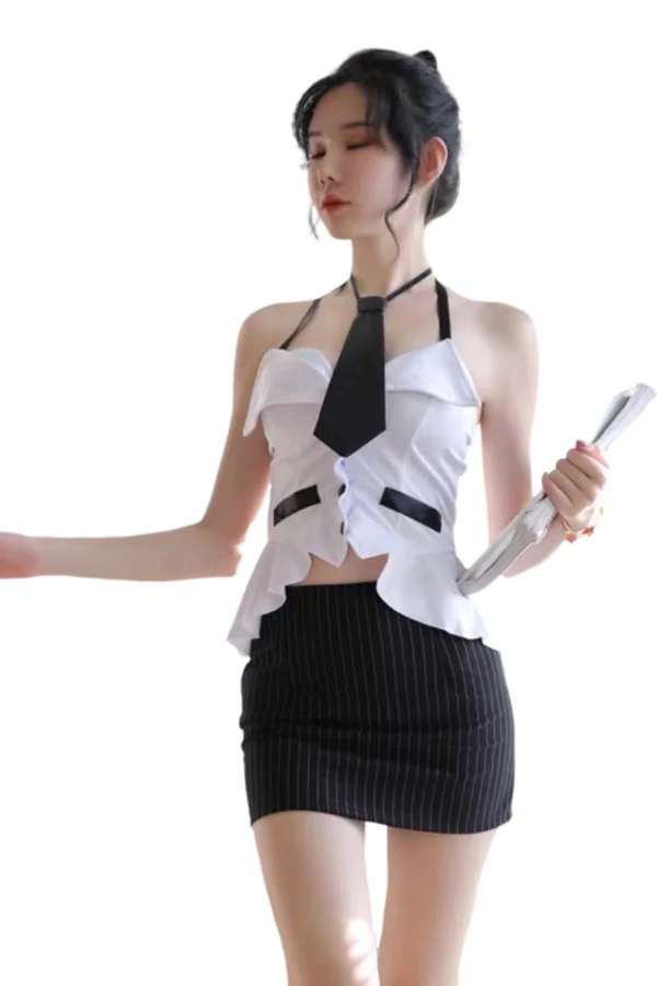 B2B Secretary Outfit Sexy - Stylish and Bold Design - Supreme Lingerie Sexy B2B secretary outfit with a white peplum halter top and pinstripe skirt.