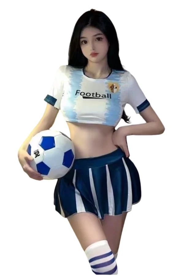 B2B sexy school girl costume featuring a blue football-themed outfit with striped skirt.