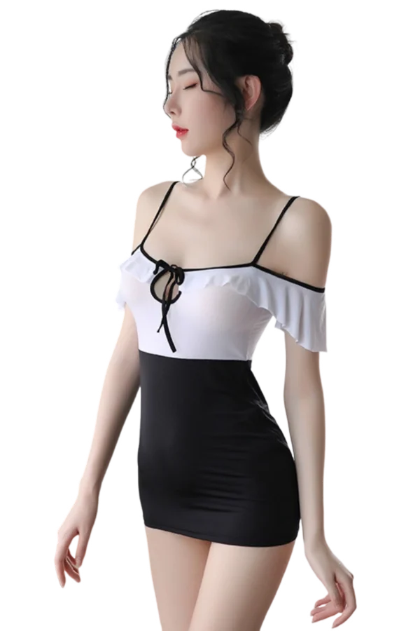 Back view of B2B sexy secretary cosplay costume with adjustable straps.