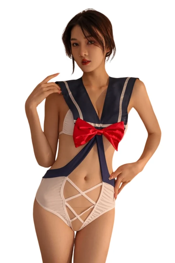 Full body of B2B stockings naughty school lingerie featuring a sailor-style top, red bow, and strappy white bottoms.