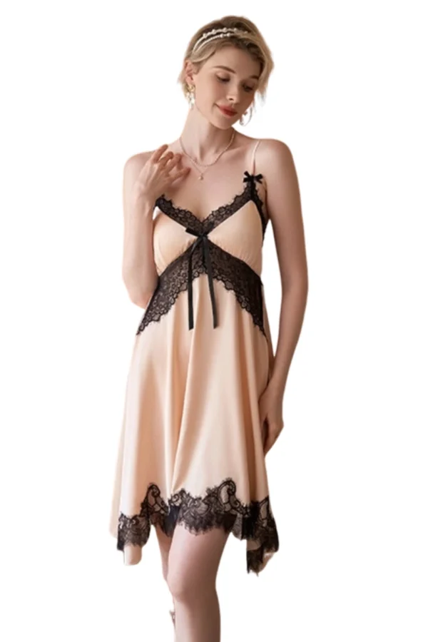 Sophisticated beige private label knee length lace nightgown with delicate black lace trim.