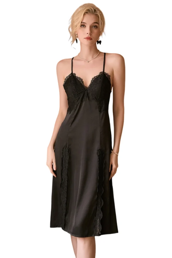 Black juniors lace nightgown available for wholesale, featuring exquisite lace patterns and a flattering silhouette.