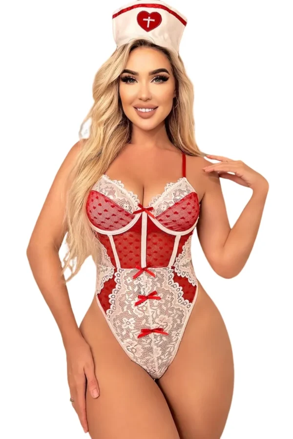 Woman in a bold red bulk sexy nurse outfit, showing off a fitted design with white accents.