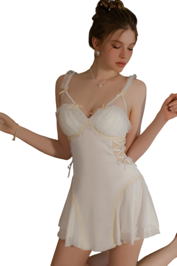 Graceful white bulk crochet lace nightgown with subtle lace touches.