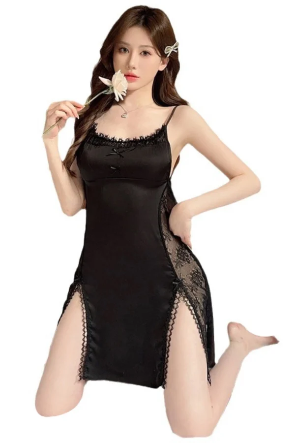 Black bulk eyelet lace nightgown with intricate lace details and satin finish, perfect for wholesale buyers.