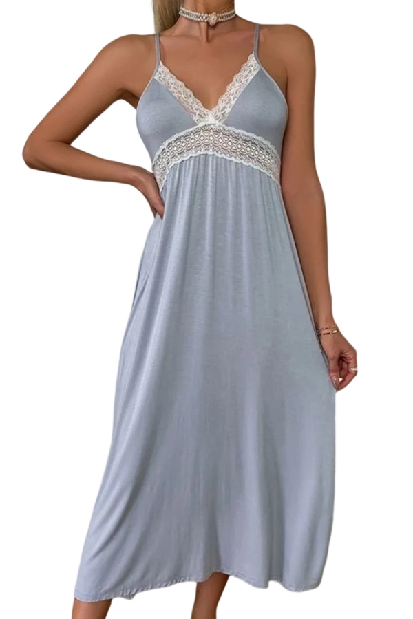 A bulk lace nightgowns dress in light blue with lace detailing and spaghetti straps, isolated on a transparent background.