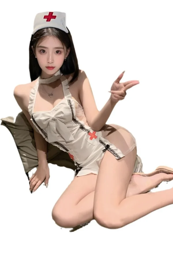 Bulk naughty nurse costume with mesh details and red cross accents