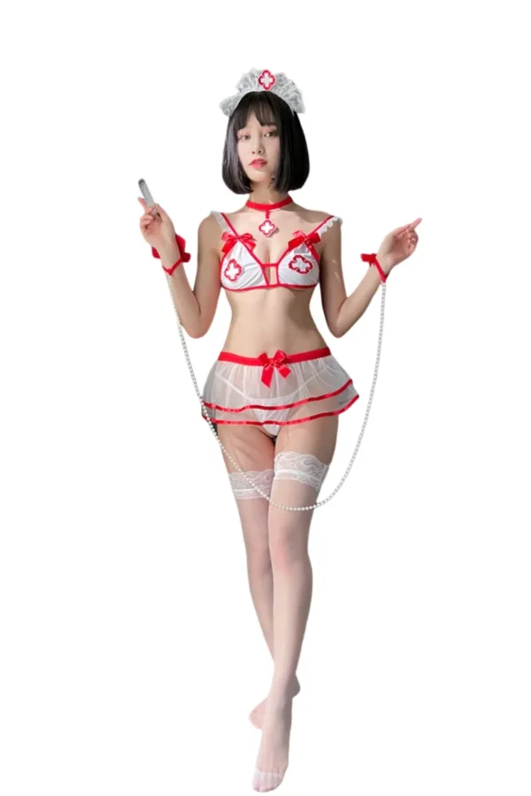 Woman in a bulk sexy nurse uniform with lace detailing for an extra feminine touch.