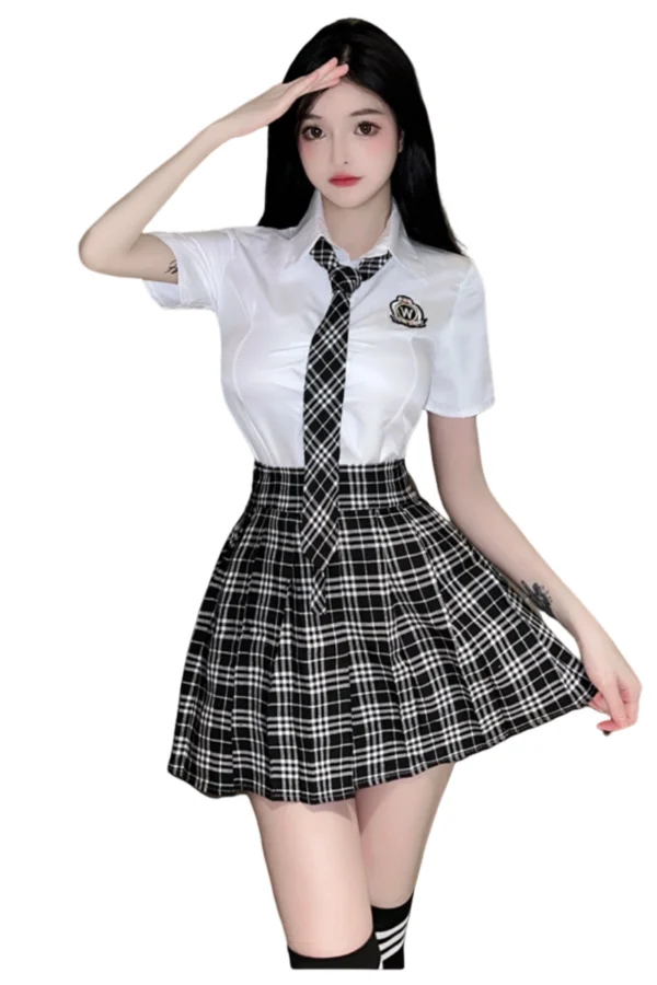 Bulk Sexy School Girl Costume featuring white shirt and plaid skirt