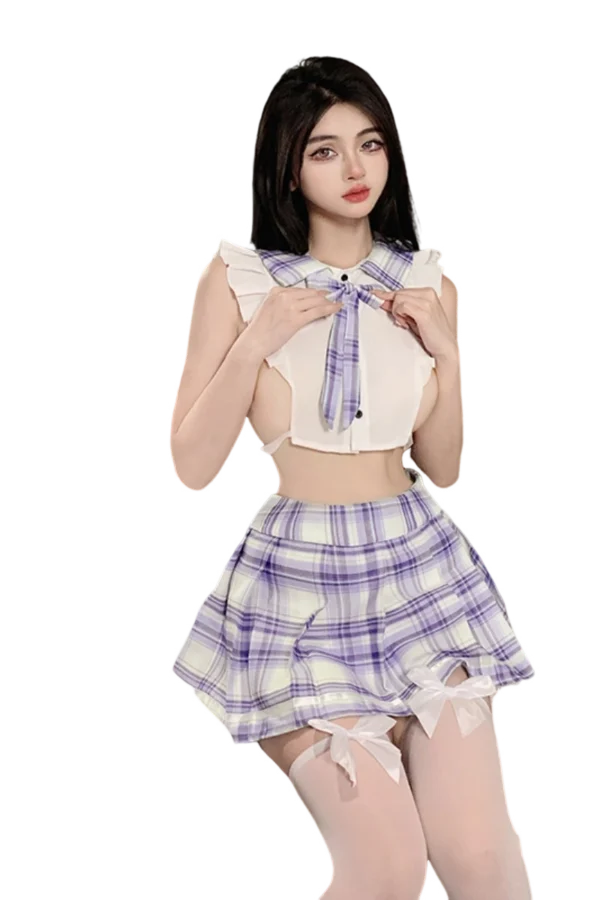 A full-body view of bulk stockings naughty school lingerie with a purple plaid skirt and a bow tie crop top.