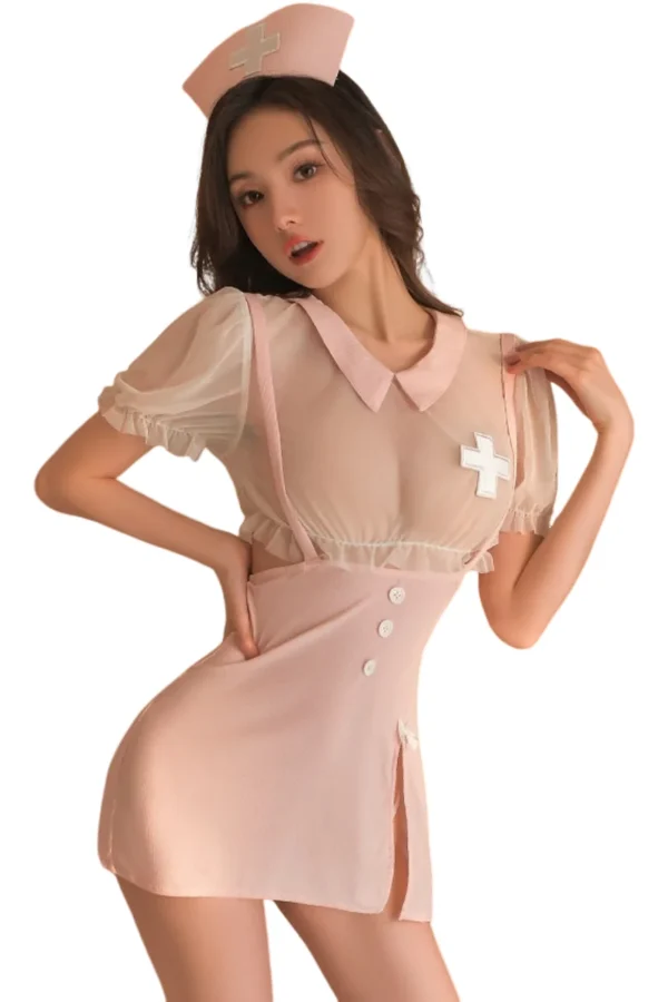 Bulk women naughty outfit - playful pink nurse costume with a sheer top and adorable button detailing.