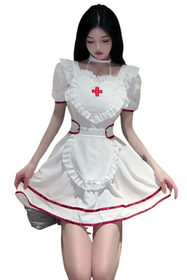 Classic pose showcasing a charming wholesale naughty nurse uniform with frilly accents.