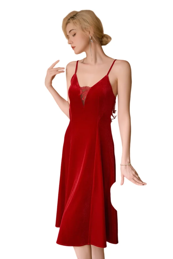 "Bulk juniors lace nightgown in red velvet, offering a luxurious and elegant feel."