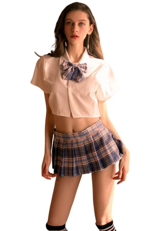 Naughty school lingerie set with a classic plaid skirt and matching bow for wholesale buyers.