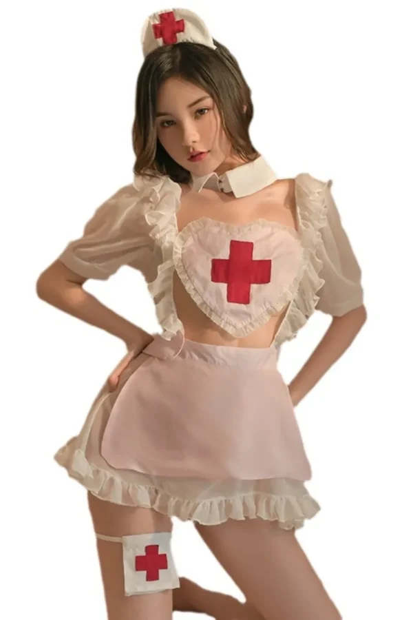 Model in a wholesale sexy nurse uniform, complete with a nurse hat and stockings for a seductive and professional look.