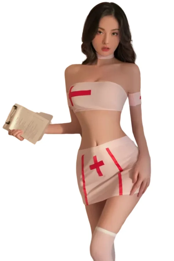 Woman in a minimalistic wholesale sexy nurse uniform with bold red cross patterns.