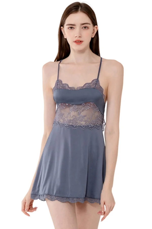 Sleek slate blue custom frilly lace nightgown with a flattering fit