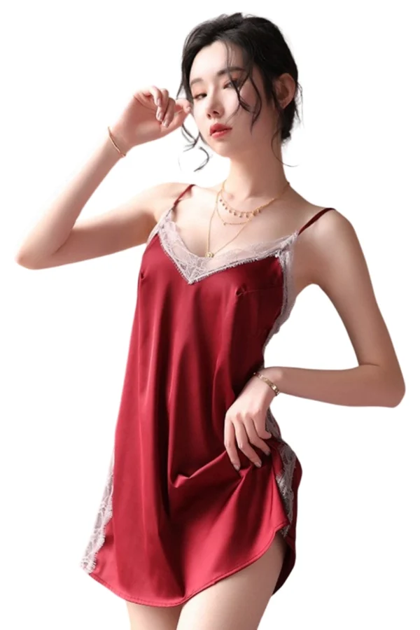 Custom lace cotton nightgown in deep red satin with lace trim and feminine design.