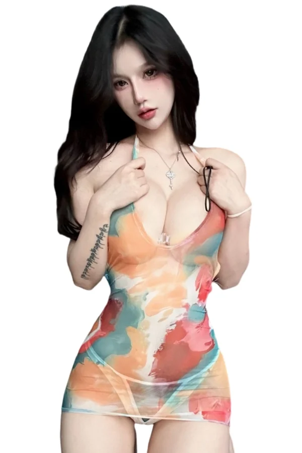 Custom lace nightgowns cheap with multicolored artistic patterns and halter neck design.