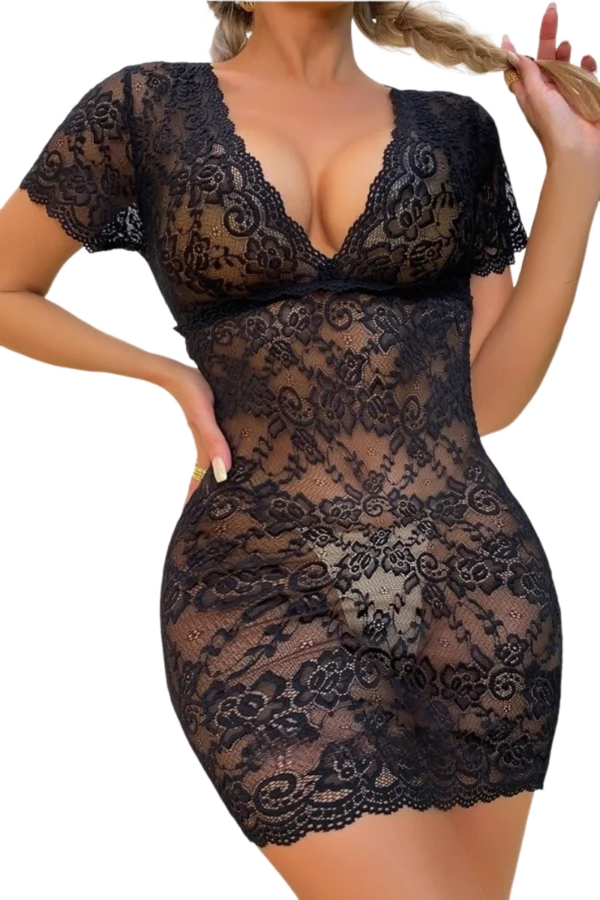 A custom lace-up flannel nightgown in black lace with floral detailing.