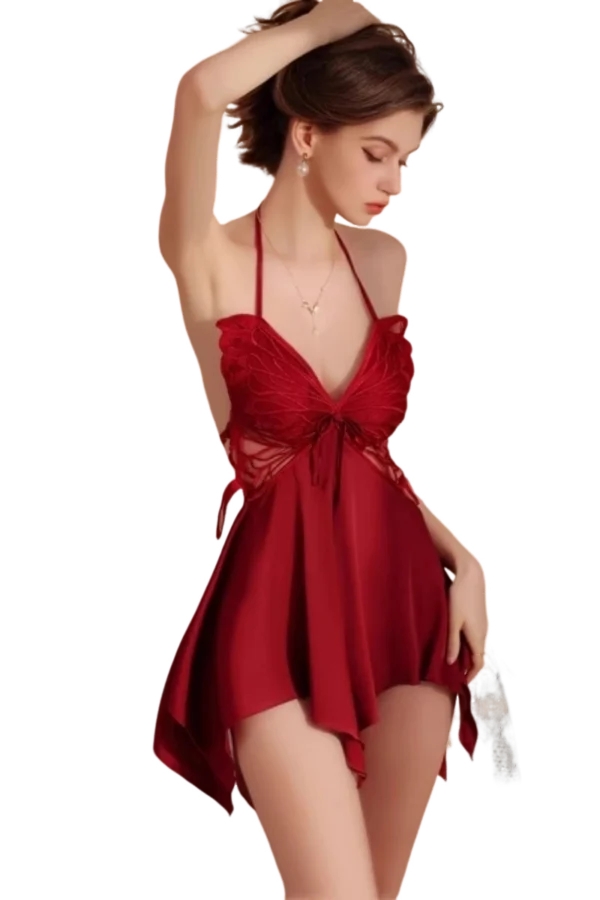 Red custom lace wrap nightgown showcasing elegance with a luxurious lace finish.
