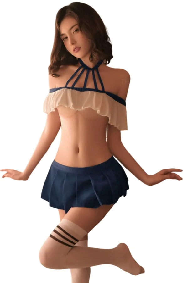 Custom naughty school bodysuit lingerie showcasing a bold strappy design and a flirty off-shoulder look.