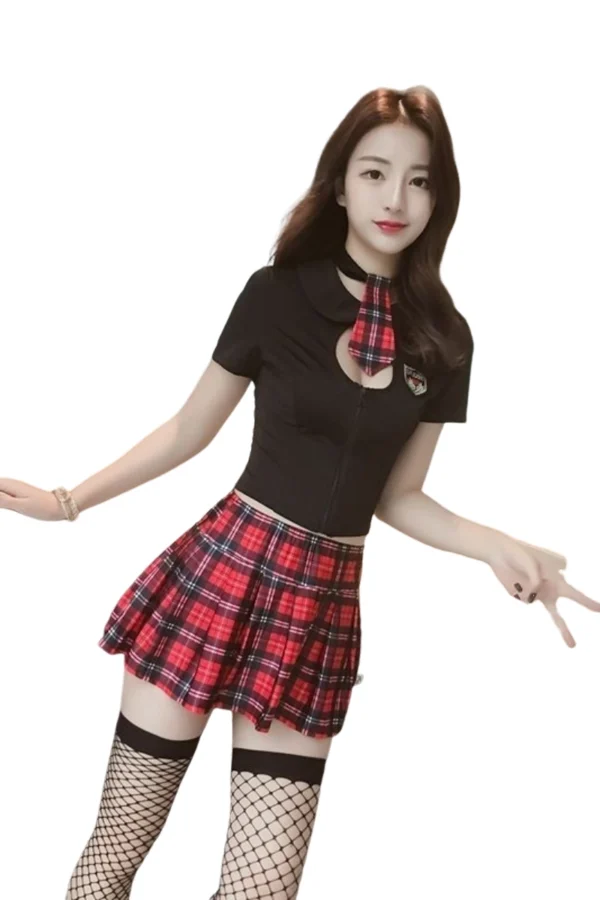 A model in a black top with a red plaid mini skirt showcasing the Custom Naughty School Girl Lingerie.