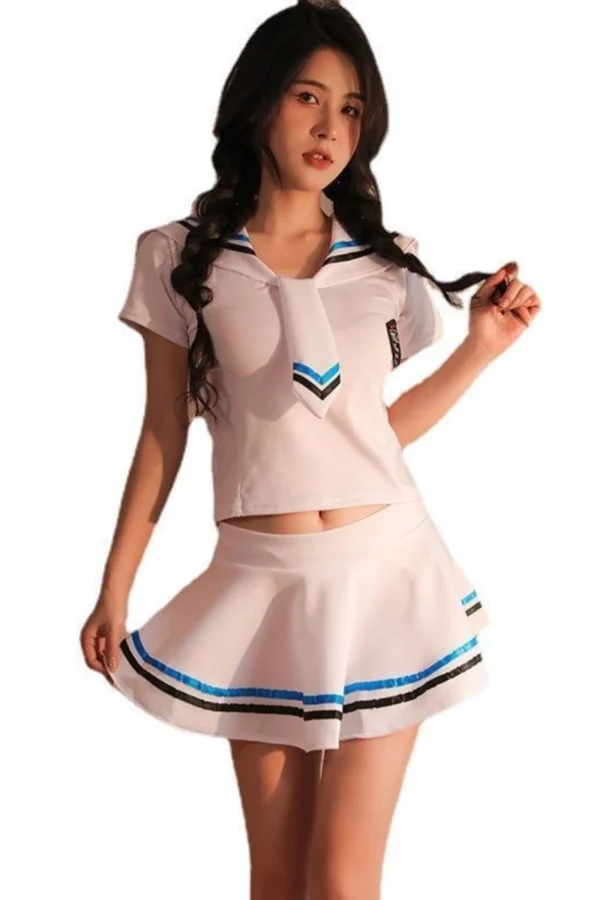 Full-body shot of custom naughty School girl sexy lingerie featuring a white sailor top and flared mini skirt.