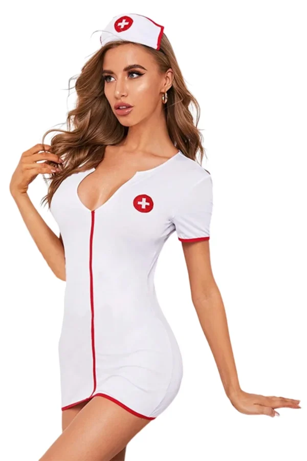 Custom sexy nurse womens costume featuring a red cross emblem and a flattering neckline.