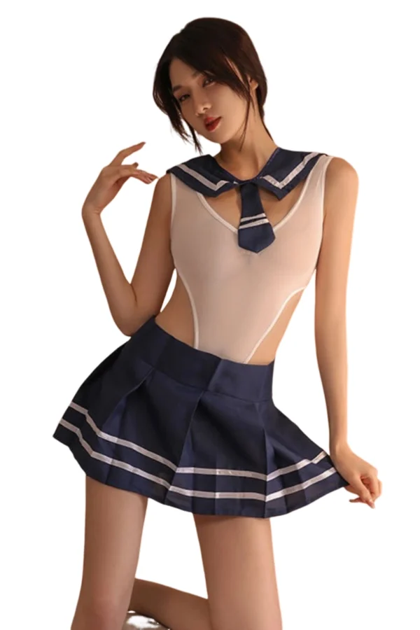 A custom stockings naughty school lingerie set featuring a sheer white bodysuit and a navy pleated skirt.