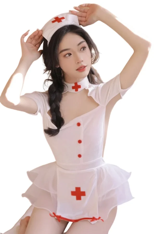 Elegant B2B sexy nurse dress with a fitted bodice and a chic red buttoned front.