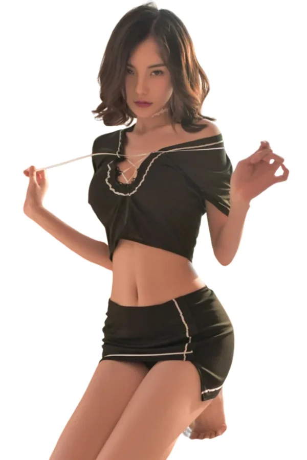 Elegant bulk airline stewardess costume in black with chic lace-up details.