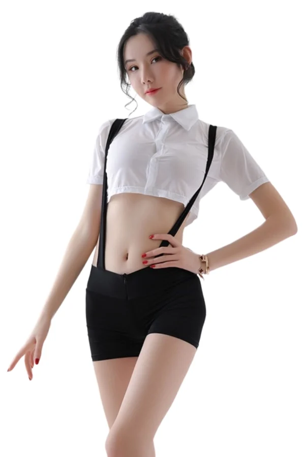 "A stylish bulk office lady costume featuring a cropped white shirt with suspenders."
