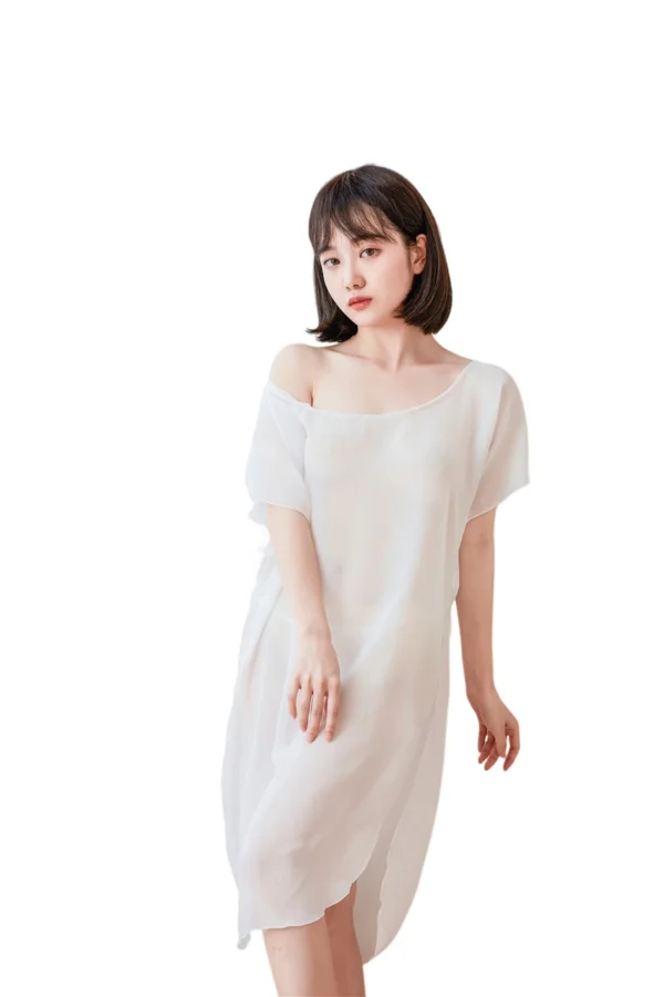 A model wearing an elegant custom lace cuffs nightgown with an off-shoulder design.