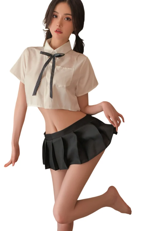 Full-length view of bulk sexy school girl lingerie set with bowtie accent.