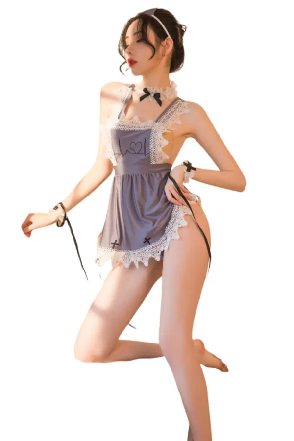 Model wearing a custom sexy nurse uniform, complete with a nurse hat, stockings, and red accents.