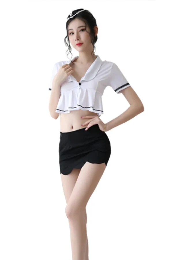 Full-length view of custom airline stewardess costume showcasing a flared white top and sleek black skirt.