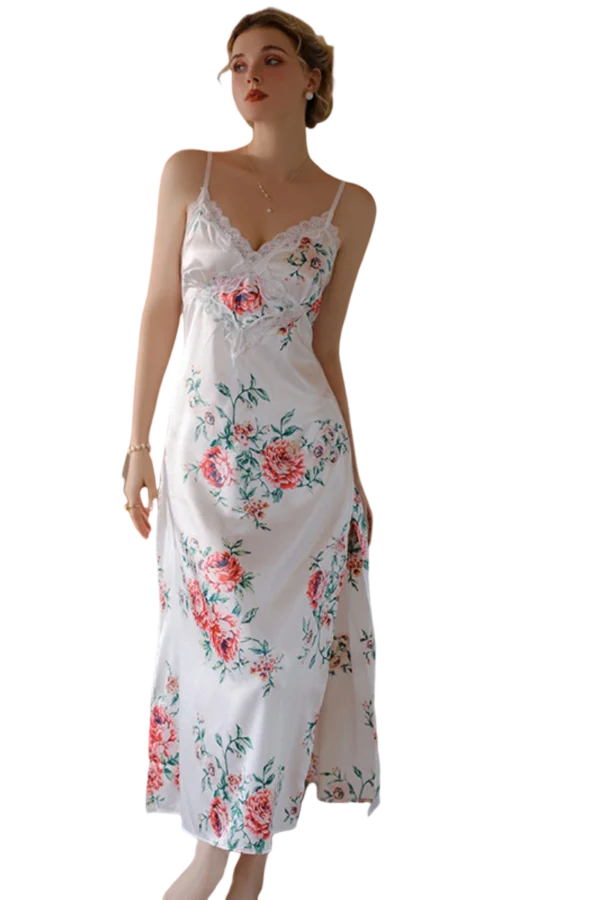 Full-length OEM lace sheer nightgown with floral accents.