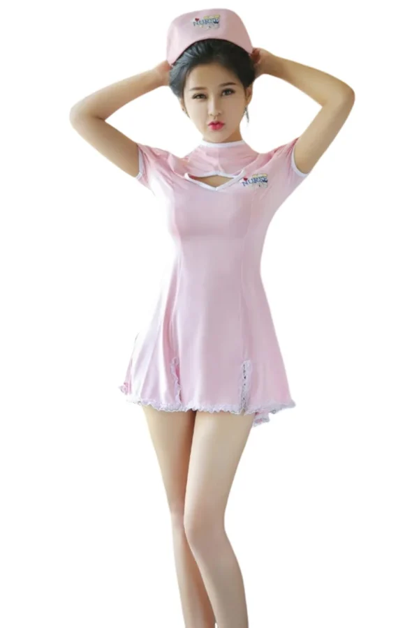 Full-length private label sexy nursing costume with pink lace trim and a matching nurse cap.